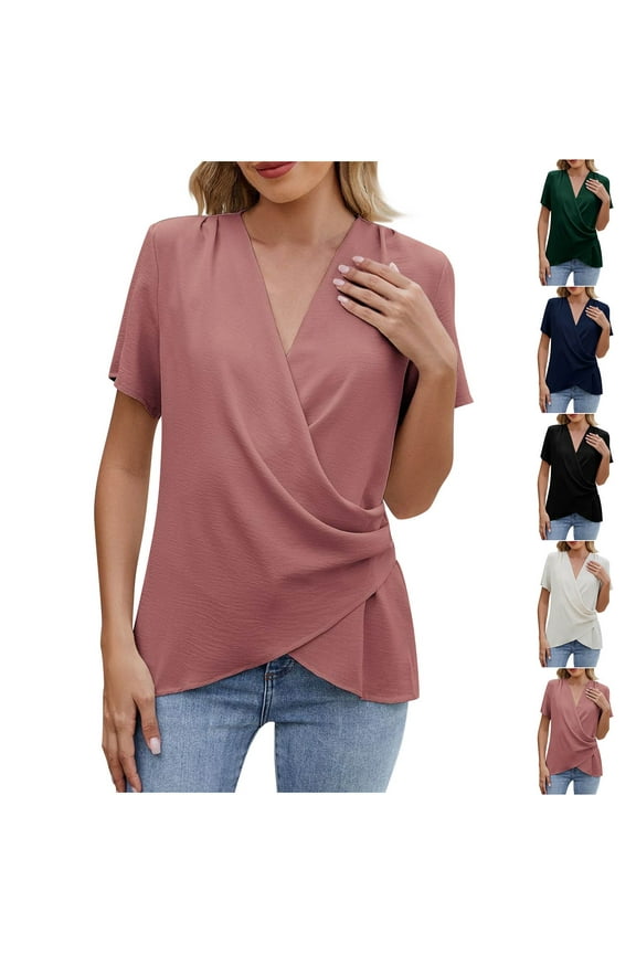 Women's Cross Wrap Tops 2025 Summer Deep V Neck T Shirts Dressy Casual Short Sleeve Blouses Slim Fit Ruched Shirts Green S