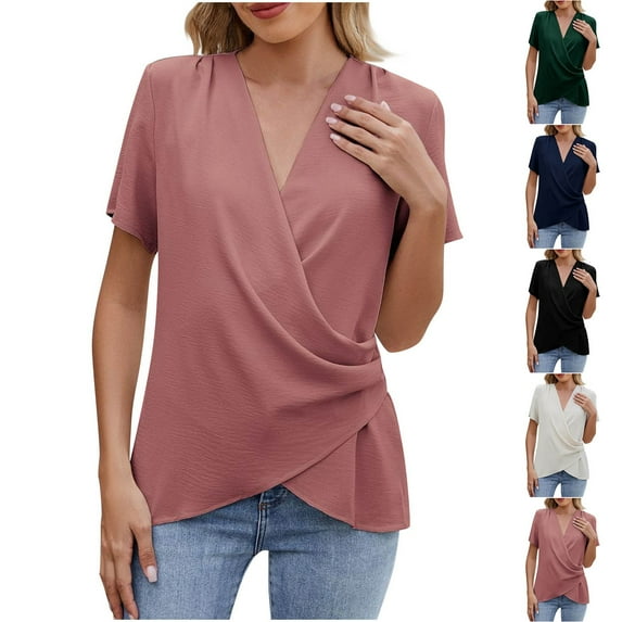DDAPJ pyju Women's Cross Wrap Tops 2025 Summer Deep V Neck T Shirts Dressy Casual Short Sleeve Blouses Slim Fit Ruched Shirts Green XL
