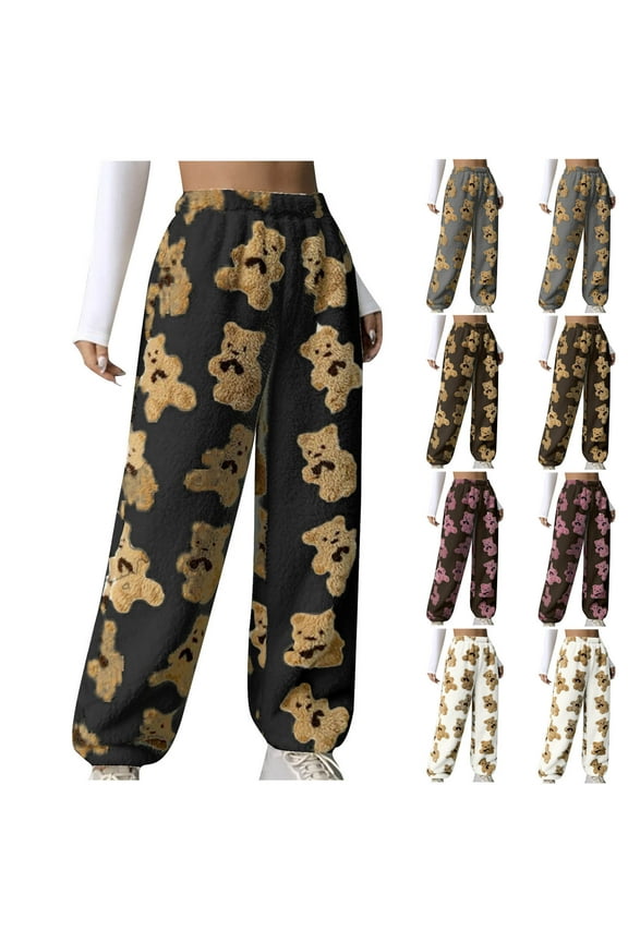 Women's Cute Bear Plush Pajama Pants, Soft Fluffy Fleece Warm Pjs Bottoms Sleepwear Winter Comfy Fuzzy Lounge Pants White S
