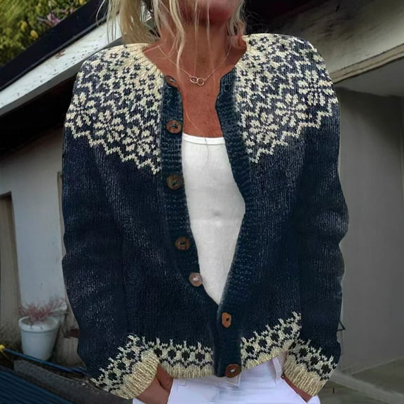 DDAPJ pyju Women's Cute Floral Print Cardigan Sweaters Fall Winter Button Down Knitted Sweater Casual Loose Button Down Cardigans Navy S