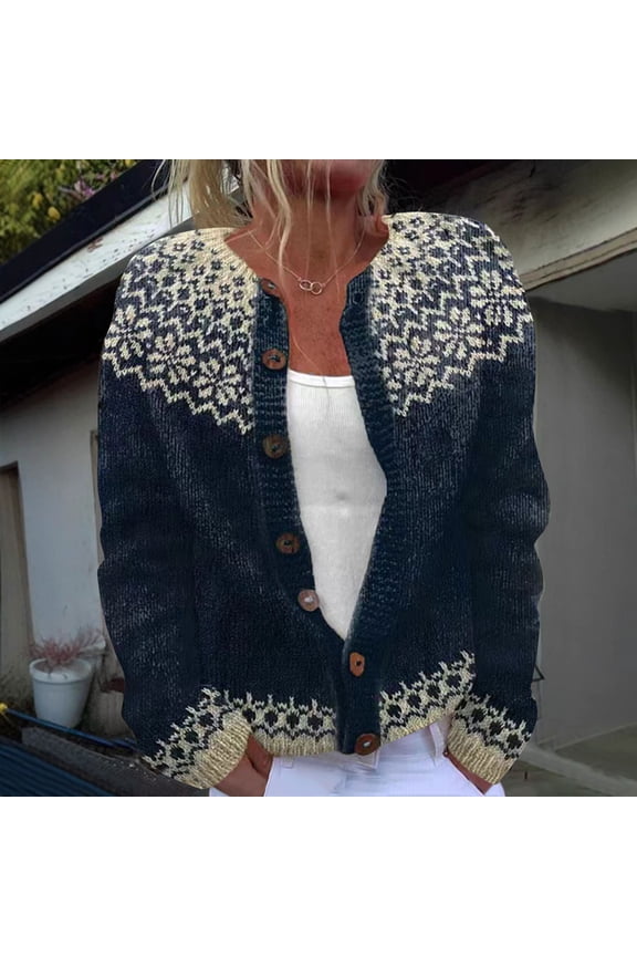 Women's Cute Floral Print Cardigan Sweaters Fall Winter Button Down Knitted Sweater Casual Loose Button Down Cardigans Navy S