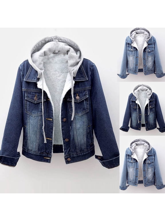 Women's Denim Jacket Sherpa Lined Cropped Jean Coat Hooded Button Down Trucker Jackets with Pockets L