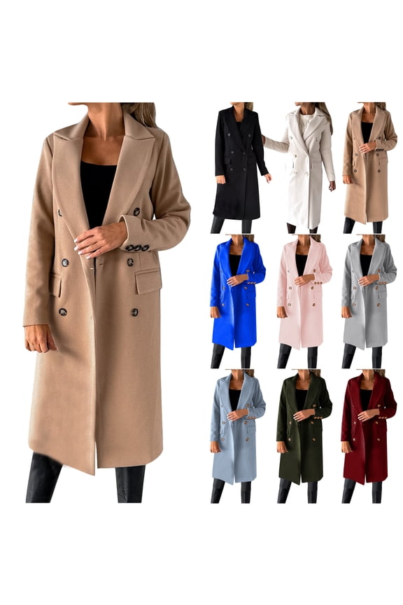 Women's Double Breasted Wool Coat Long Sleeve Notch Lapel Midi Long Jackets Winter Trench Coat Gray XXXL