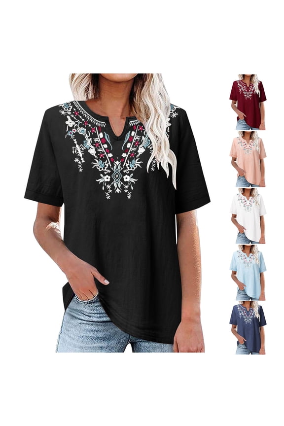 Women's Embroidered Cotton Linen Blouse Short Sleeve Peasant Boho Tunic Top Loose Casual Notch V-Neck Tops Blue XL