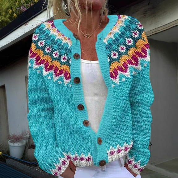 DDAPJ pyju Women's Fair Isle Cardigan Sweater Vintage Pattern Knitted Cardigans Lightweight Sweater Coat Button Outerwear Light Blue XL