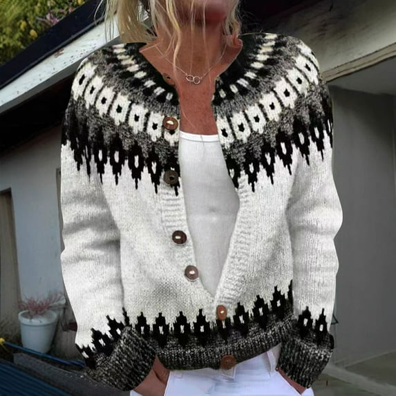 DDAPJ pyju Women's Fair Isle Cardigan Sweaters Button Down Long Sleeve Knit Cardigans Lightweight Open Front Sweaters Fall Winter Clothes White S