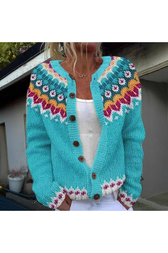 Women's Fair Isle Cardigan Sweaters Button Down Long Sleeve Knit Cardigans Lightweight Open Front Sweaters Fall Winter Clothes Light Blue S