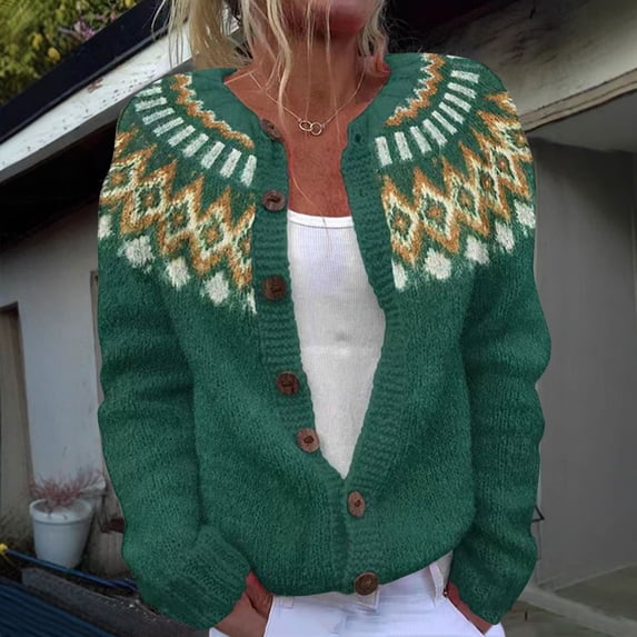 DDAPJ pyju Women's Fair Isle Cardigan Y2K Sweater Vintage Button Knitted Jacket Icelandic Nordic Coat Colorful Boho Cardigans Green S