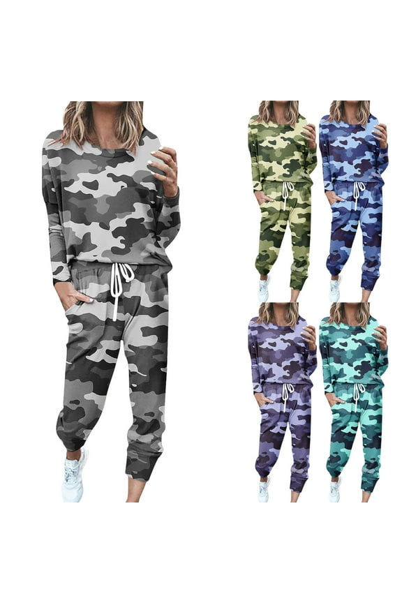 Women's Fall 2 Piece Outfits Trendy Casual Sweatsuit Camo Printed Crewneck Pullover Drawstring Pants Matching Lounge Set Y2K Tracksuit Blue L