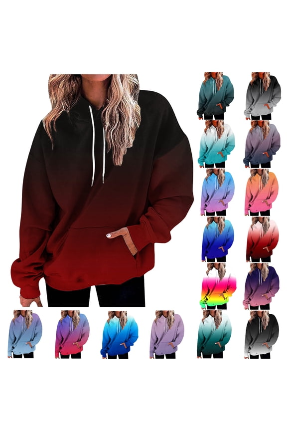 Women's Fashion Hoodies & Sweatshirts Gradient Printed Casual Pullover Tops Long Sleeve Hooded Sweatshirts with Pockets Hip Hop Womens Hoodies Black S