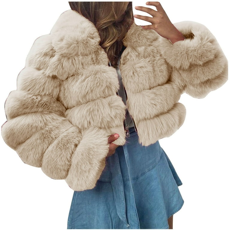 DDAPJ pyju Women's Faux Fur Cropped Jacket 2023 Clearance,Long Sleeve Zip  Up Fluffy Fleece Outerwear Coats Plus Size Winter Warm Thick Hooded Jacket 