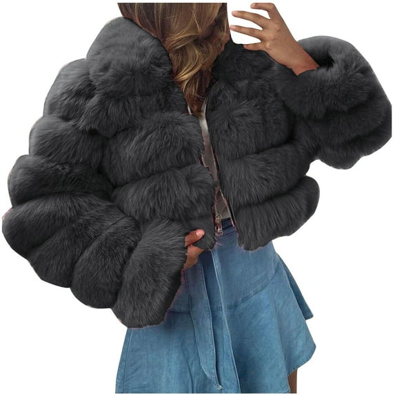 DDAPJ pyju Women's Faux Fur Cropped Jacket 2023 Clearance,Long Sleeve Zip Up Fluffy Fleece Outerwear Coats Plus Size Winter Warm Thick Hooded Jacket Trendy Short Tops S - 8XL