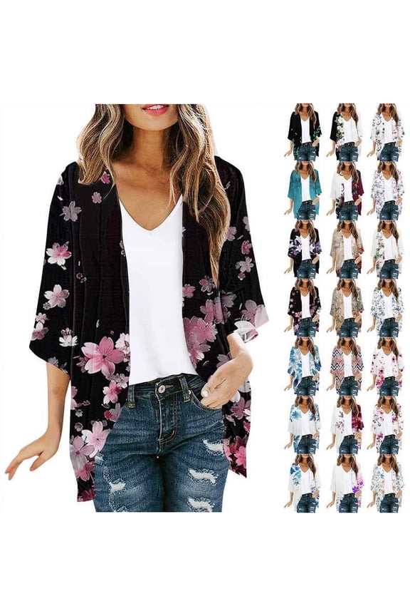 Women's Floral Print Cardigans Sheer Chiffon 3/4 Bat Sleeve Casual Summer Kimono Cardigan Loose Capes Multicolor XXL