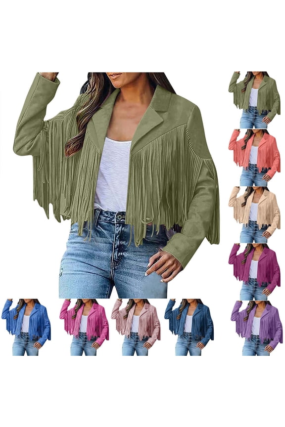 Women's Fringe Faux Suede Leather Jackets Tassel Cropped Coats Western Cowboy Jacket Outerwear Hippie Concert Outfits Light Pink S