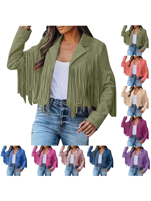 Women's Fringe Faux Suede Leather Jackets Tassel Cropped Coats Western Cowboy Jacket Outerwear Hippie Concert Outfits Light Pink S