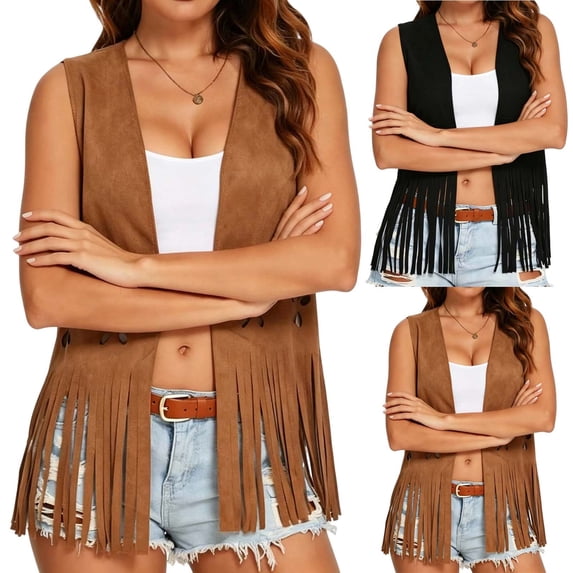 DDAPJ pyju Women's Fringe Vest 60s 70s Hippie Vest Sleeveless Faux Suede Tassel Jacket Cowgirl Western Hippie Party Tops Brown M