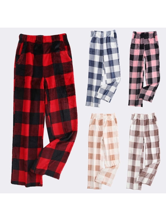 Women's Fuzzy Pajama Pants Comfy Warm Fleece Pajama Lounge Long Pants Flannel Plaid Sleepwear Home Pants Brown S