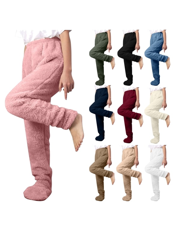 Women's Fuzzy Plush Pajama Pants Elastic High Waist Footed Pj Bottoms Cozy Warm Lounge Pants Pantalones de forro polar Red XXL