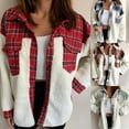 thumbnail image 1 of DDAPJ pyju Women's Fuzzy Sherpa Jacket Fleece Spliced Plaid Shirt Jackets Button Down Shacket Coat with Pockets Red L, 1 of 7