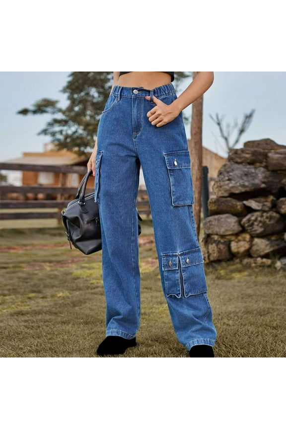 Women's High Waist Cargo Jeans Flap Pocket Straight Leg Denim Pants Casual Baggy Cargo Pants Y2K Streetwear Trousers Dark Blue M