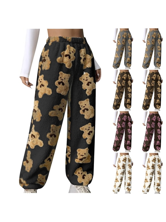 Women's High Waisted Baggy Fuzzy Sweatpants Cute Teddy Bear Warm Pajama Pants Casual Joggers Trousers Plush Loungewear White XL