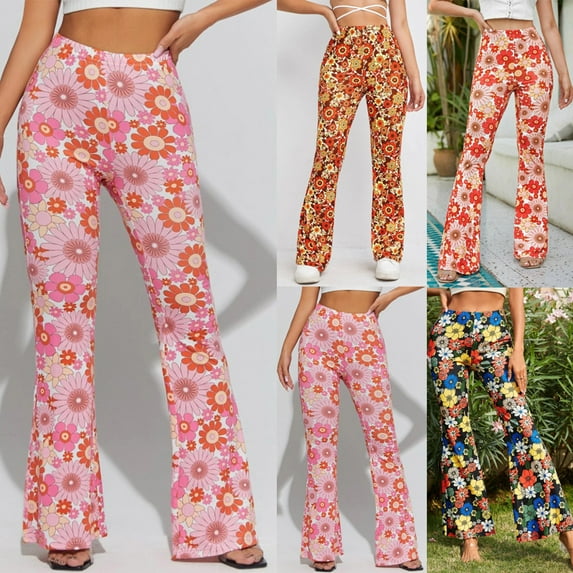 DDAPJ pyju Women's High Waisted Bootcut Yoga Pants Boho Floral Print Flared Casual Trousers Birthday Gifts Yellow L