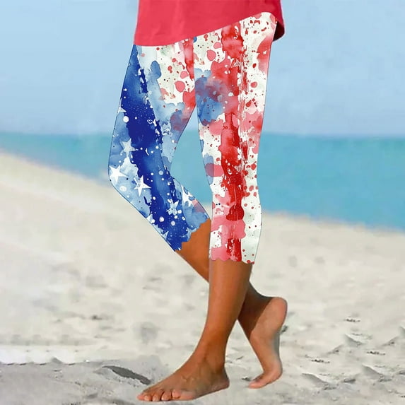 DDAPJ pyju Women's High Waisted Yoga Capris Fourth of July American Flag Patterned Compression Tights Buttery Soft Stretch Capri Leggings Lighten Sales of The Day Blue XXXXL