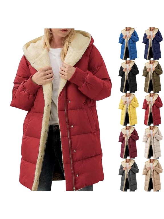 Women's Hooded Puffer Coat Thicken Fleece Lined Down Jacket Winter Parka Coat Long Trench Coats with Pockets Wine S