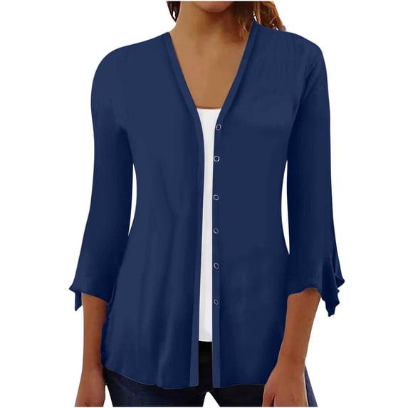DDAPJ pyju Women's Lightweight Cardigan 2023 Fall Fashion,3/4 Ruffle Sleeve Open Front Solid Basic Button Shirts Dressy Casual Drape Kimono Loose Flowy Cover Ups Plus Size