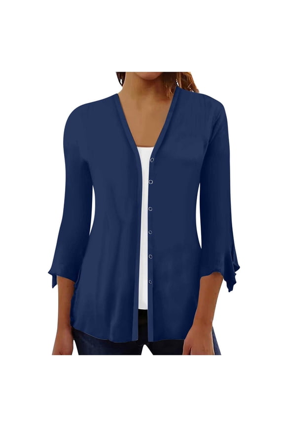 Women's Lightweight Cardigan 2023 Fall Fashion,3/4 Ruffle Sleeve Open Front Solid Basic Button Shirts Dressy Casual Drape Kimono Loose Flowy Cover Ups Plus Size