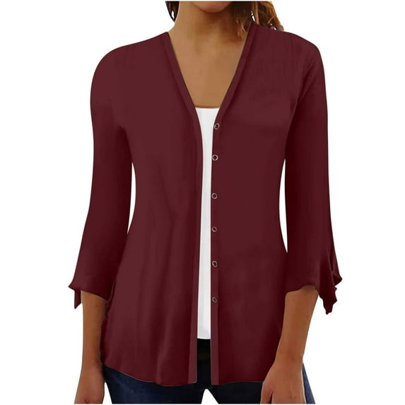 DDAPJ pyju Women's Lightweight Cardigan 2023 Fall Fashion,3/4 Ruffle Sleeve Open Front Solid Basic Button Shirts Dressy Casual Drape Kimono Loose Flowy Cover Ups Plus Size