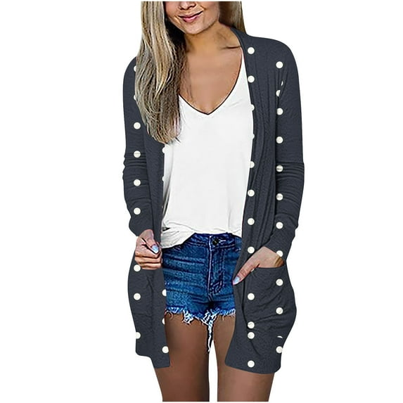 DDAPJ pyju Women閳ユ獨 Lightweight Cardigans with Pockets 2025 Fashion,Open Front Long Sleeve Shawl Collar Cardigan Sweater Polka Dot Print Casual Kimono Tops Relaxed Fit Fall Winter Thin Coat