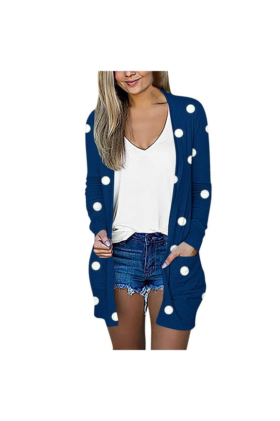 Women’s Lightweight Cardigans with Pockets,Open Front Long Sleeve Shawl Collar Cardigan Sweater Polka Dot Print Casual Kimono Tops Loose Comfy Thin Coat 2023 Fall Fashion
