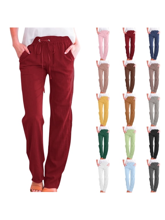 Women's Linen Pants Summer Casual Drawstring Straight Leg Trousers Lightweight Elastic Waist Beach Lounge Pants with Pockets Mint Green XXL