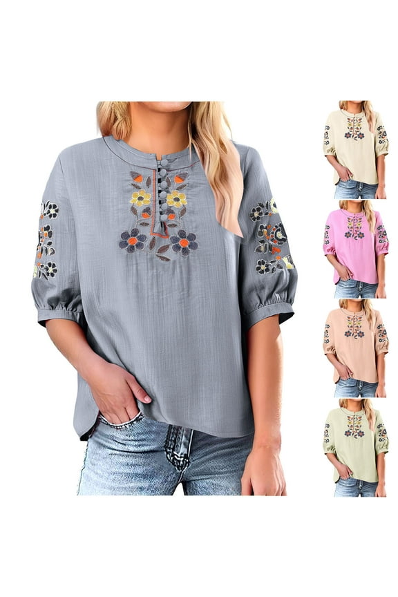 Women's Linen Shirt Retro Chinese Frog Button Tops Mandarin Collar Blouse Dressy Casual Floral Embroidery Half Sleeve Top Prime Sales of The Day Green L