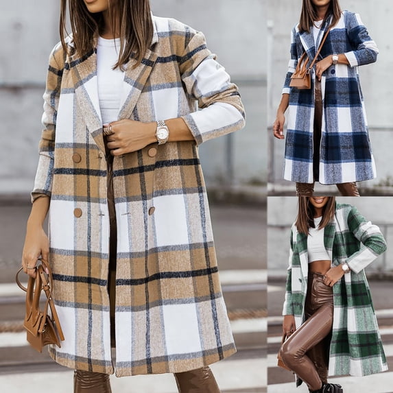 DDAPJ pyju Women's Long Plaid Shacket Notched Collar Double Breasted Peacoat Wool Blend Tartan Trench Coat Blue L