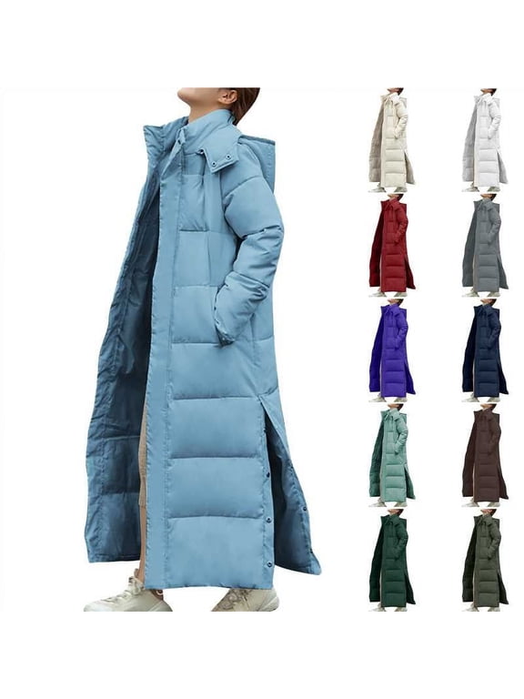 Women's Long Quilted Puffer Coat Winter Warm Maxi Puffer Jacket Side Spilt Down Coat with Hood Beige XL