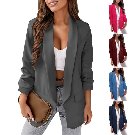 DDAPJ pyju Women's Long Sleeve Blazer Jacket Business Casual Blazers Open Front Buttonless Suit Jacket Basic Solid Work Office Jackets with Pockets Clearance Sale Navy XXXL
