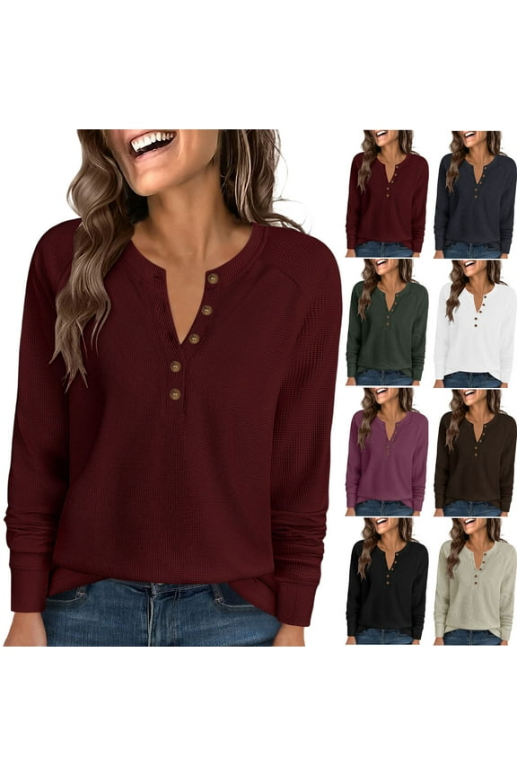 Women's Long Sleeve Waffle Knit Shirts Dressy Casual Button Up V Neck Henley Tops Fall Basic Tee Blouse Black L