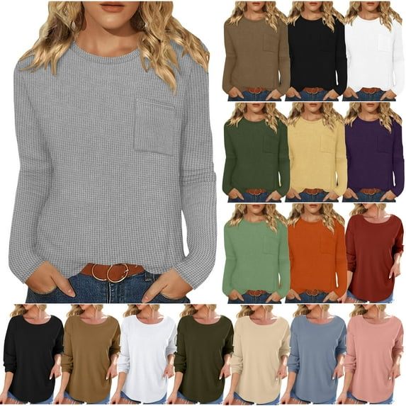 DDAPJ pyju Women's Long Sleeve Waffle Knit Shirts Dressy Casual Loose Crew Neck Tops 2025 Fall Basic Tee Blouse White M