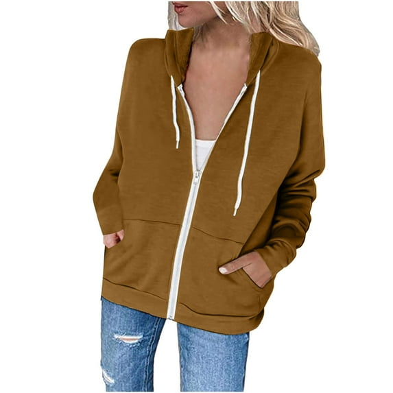 DDAPJ pyju Women's Long Sleeve Zip Up Hoodie Clearance Sales, Slim Fit Athletic Sweatshirt Jacket Fall Winter Basic Solid Thin Jackets with Pockets Brown M