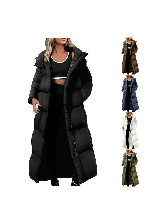 Women's Maxi Puffer Jacket Heavyweight Insulated Long Winter Coat with Hood and Weatherproof Zippers Black XXL