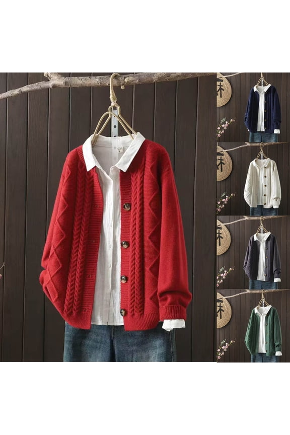 Women's Open Front Cardigan Sweaters Fall Fashion Button Down Cable Knit Cardigans Fall Winter Outerwear Coats Beige Free Size