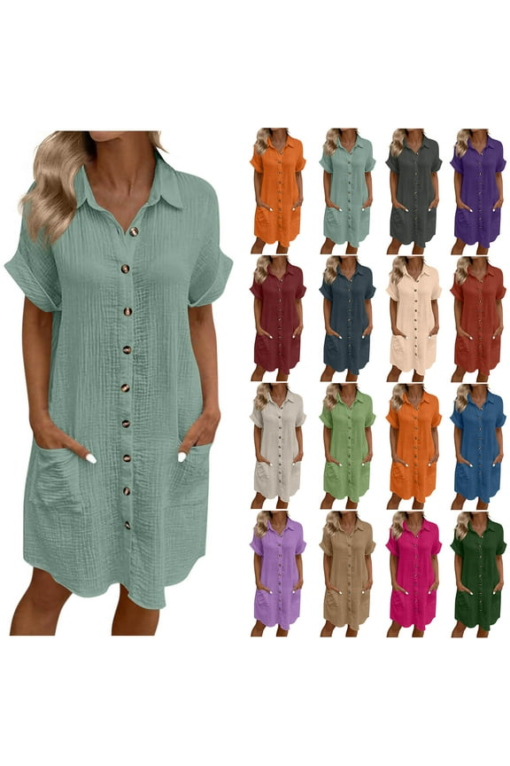 Women's Oversized Button Down Shirt Dress with Pockets Casual Summer Loose Fit Short Sleeve V Neck Shift Dress Ofertas Prime Dark Green M