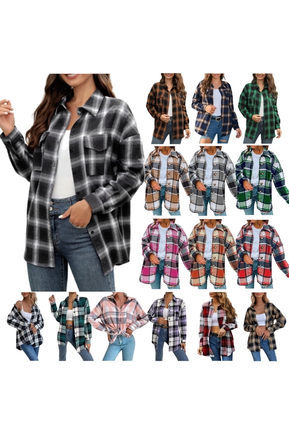 Women's Oversized Plaid Shacket Jacket Casual Lapel Long Sleeve Button Down Plus Size Flannel Shirt Birthday Gifts