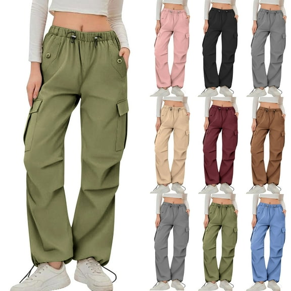 DDAPJ pyju Women's Parachute Pants Drawstring Baggy Cargo Sweatpants Y2K Street Trousers with Flat Pockets Khaki S