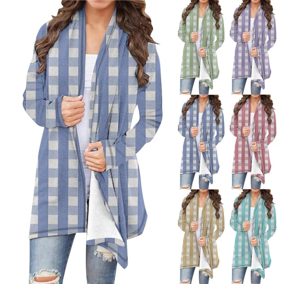 DDAPJ pyju Women's Plaid Jacket Lightweight Open Front Cardigans Trendy Casual Long Sleeve Soft Drape Fall Cardigan Yellow L