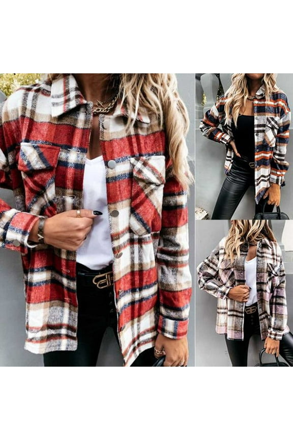 Women's Plaid Shacket Wool Blend Shirt Jacket Business Casual Tops with Pockets Red L