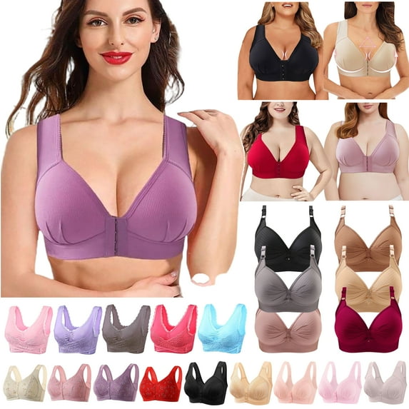DDAPJ pyju Women's Plus Size Front Closure Wireless Bra ,Full Coverage Push Up Lace Bras for Women Lightly Lined Breathable Bralettes Non-Adjustable Lingerie Everyday Underwear