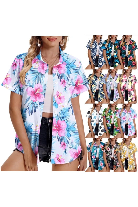 Women's Plus Size Hawaiian Shirts Short Sleeve Casual Floral Button Down Shirt Tropical Beach Blouse Summer Vacation Tops Holiday Sales White XL